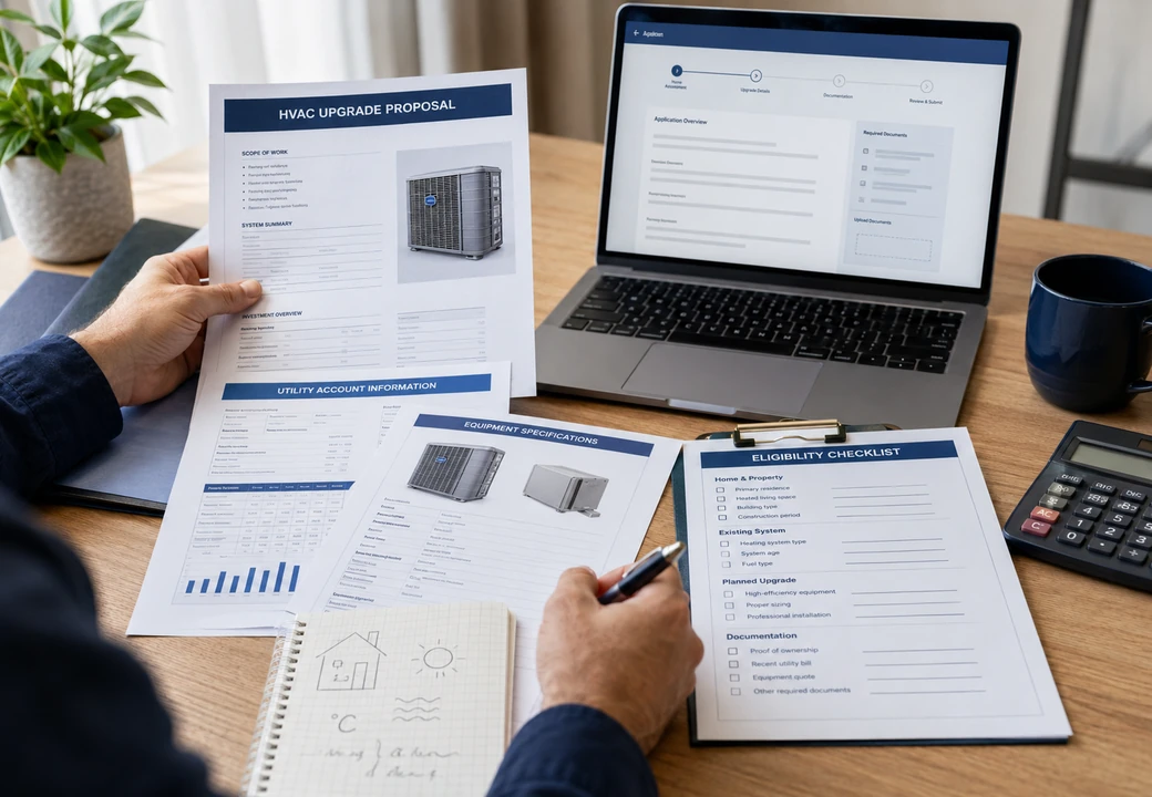 Homeowner using a checklist before booking a rebate-eligible HVAC upgrade in BC