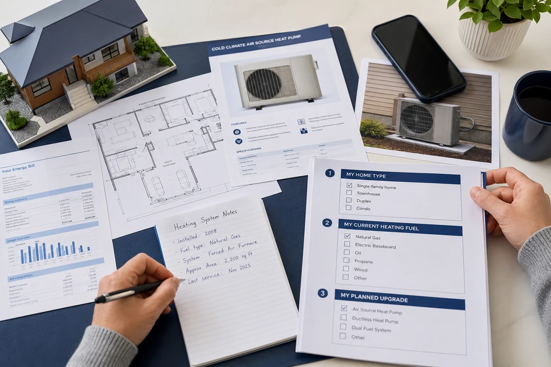 Homeowner gathering utility and equipment details before requesting HVAC rebate guidance in BC