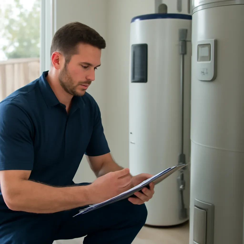 Accolade technician reviewing water heater options for a Surrey property