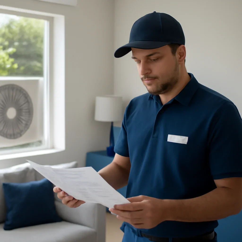 Accolade technician reviewing heat pump options for a Surrey property