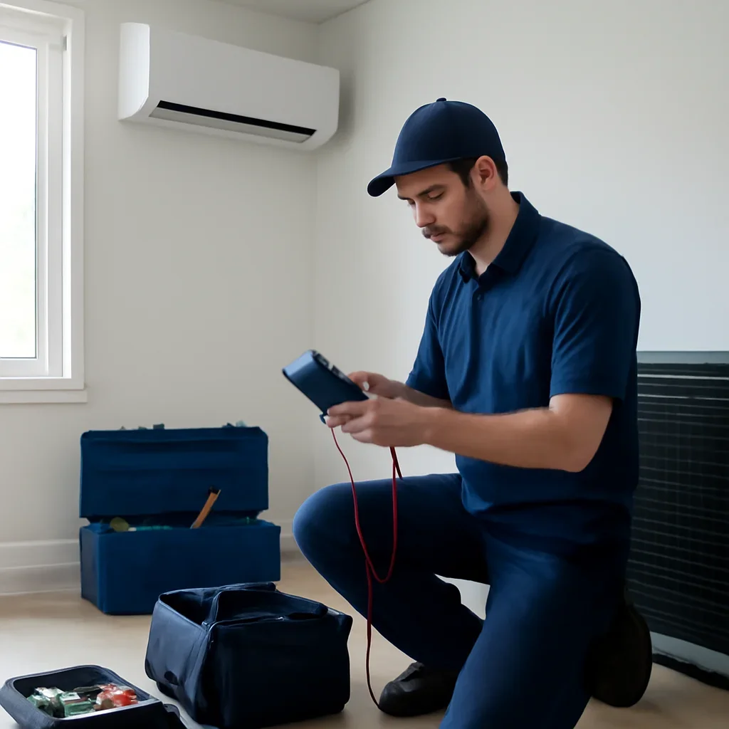 HVAC service process for ductless vs central air for surrey homes with organized tools and equipment