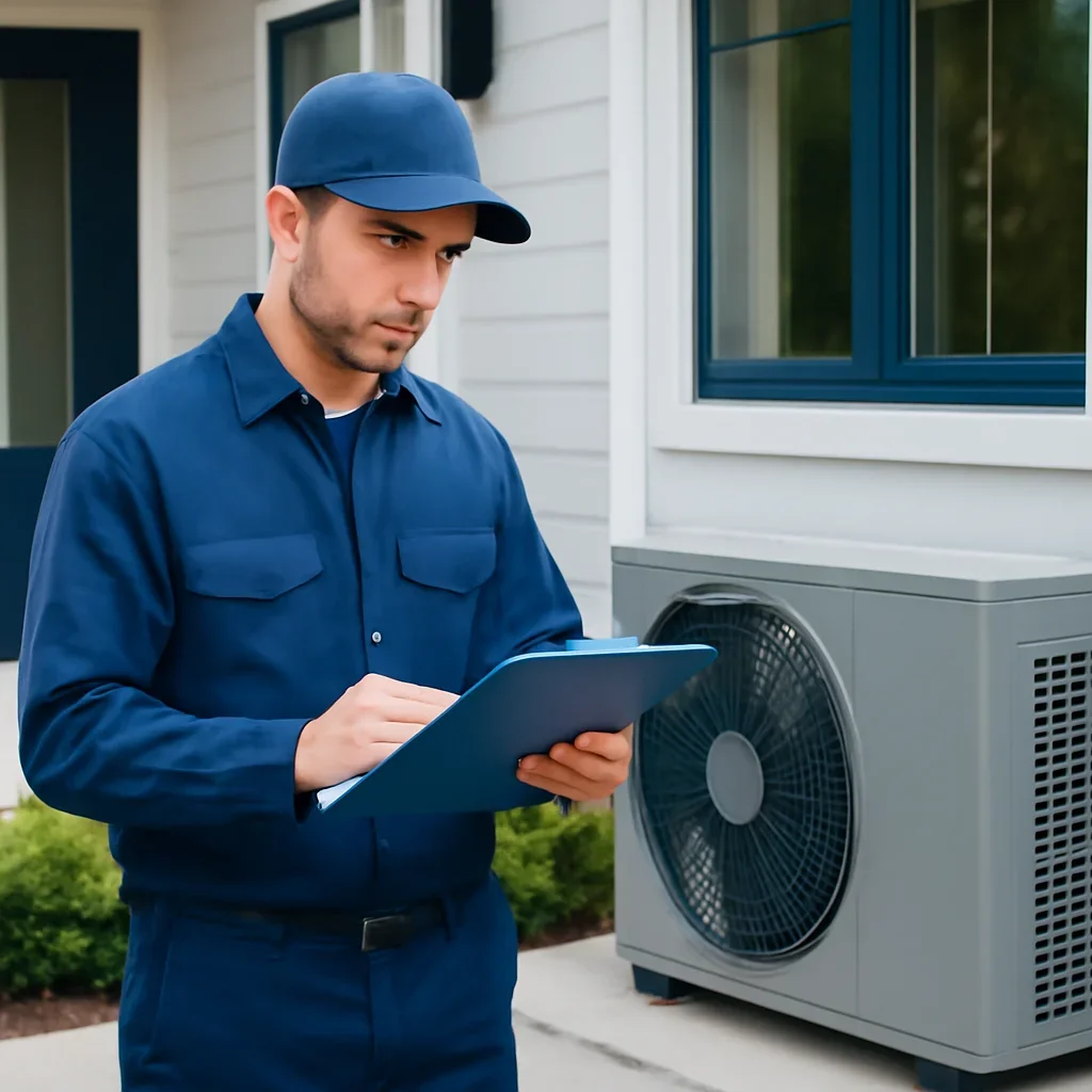 Accolade technician reviewing heat pump options for a Surrey property