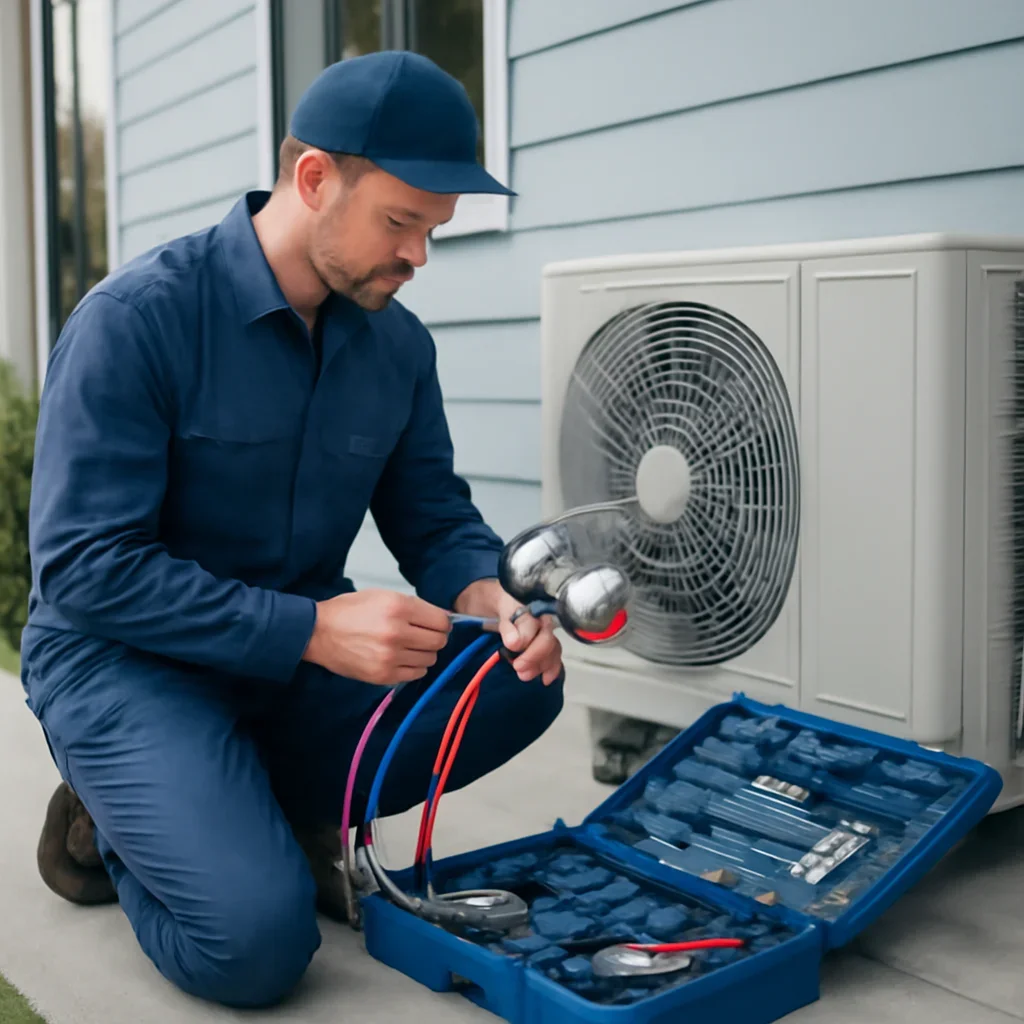 HVAC service process for heat pump or central ac for surrey homes? with organized tools and equipment