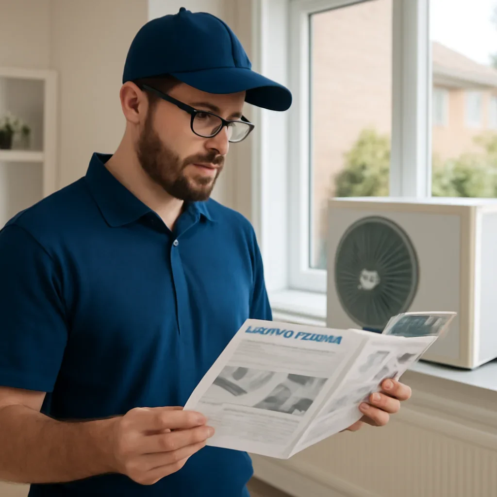 Accolade technician reviewing heat pump options for a Surrey property