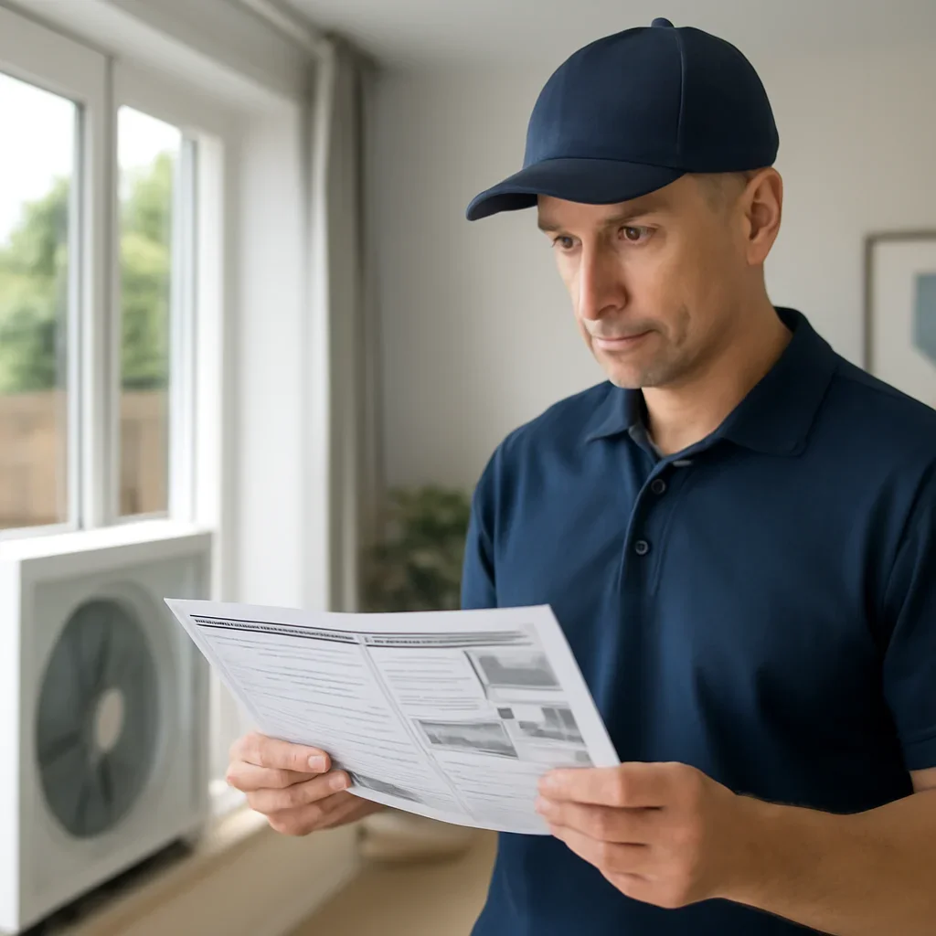 Accolade technician reviewing heat pump options for a Surrey property