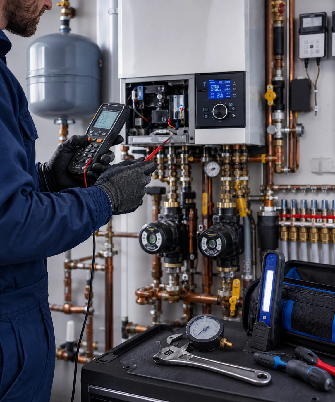 Boiler diagnostic tools and hydronic service equipment prepared for a Surrey service appointment