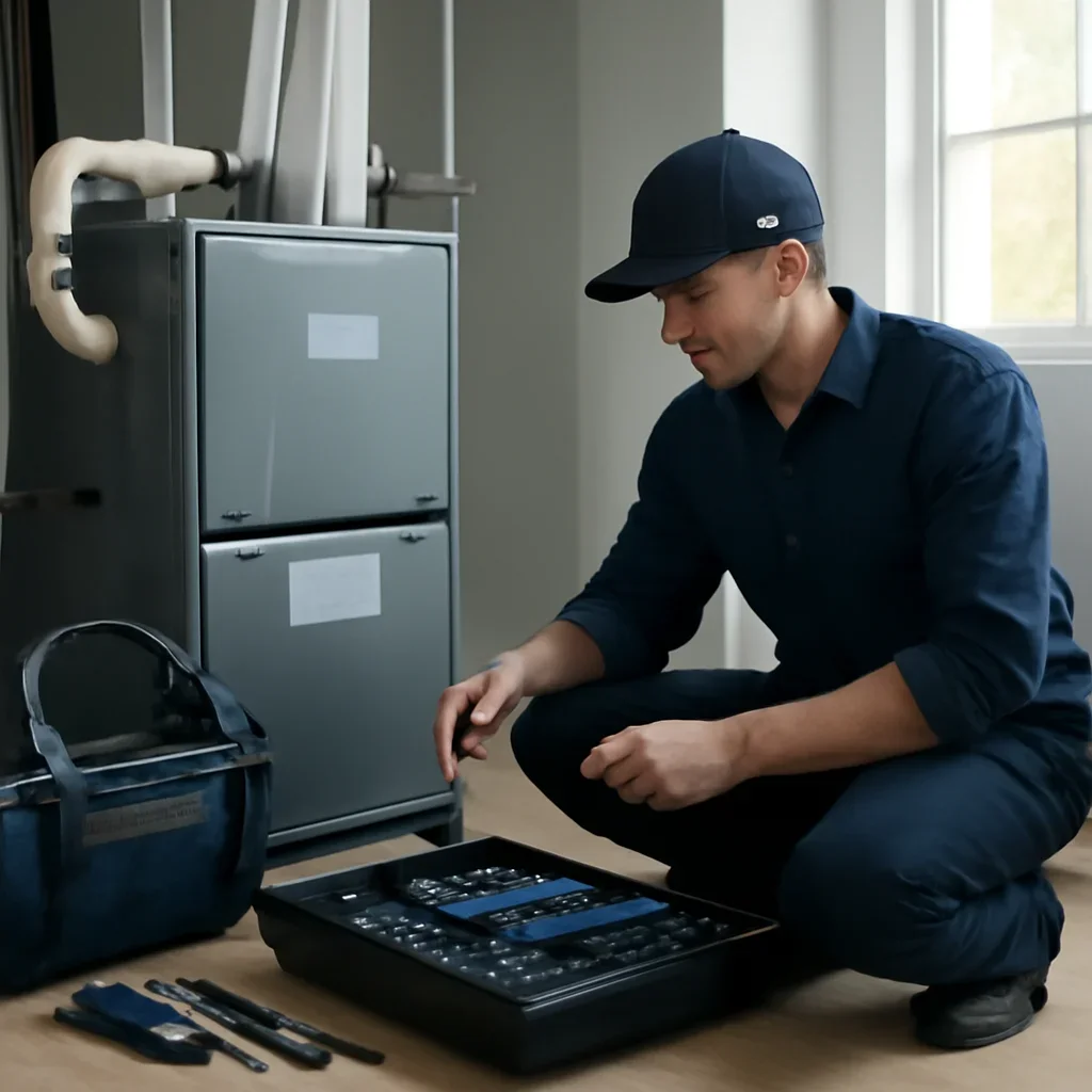 HVAC service process for case study: newton furnace replacement with organized tools and equipment