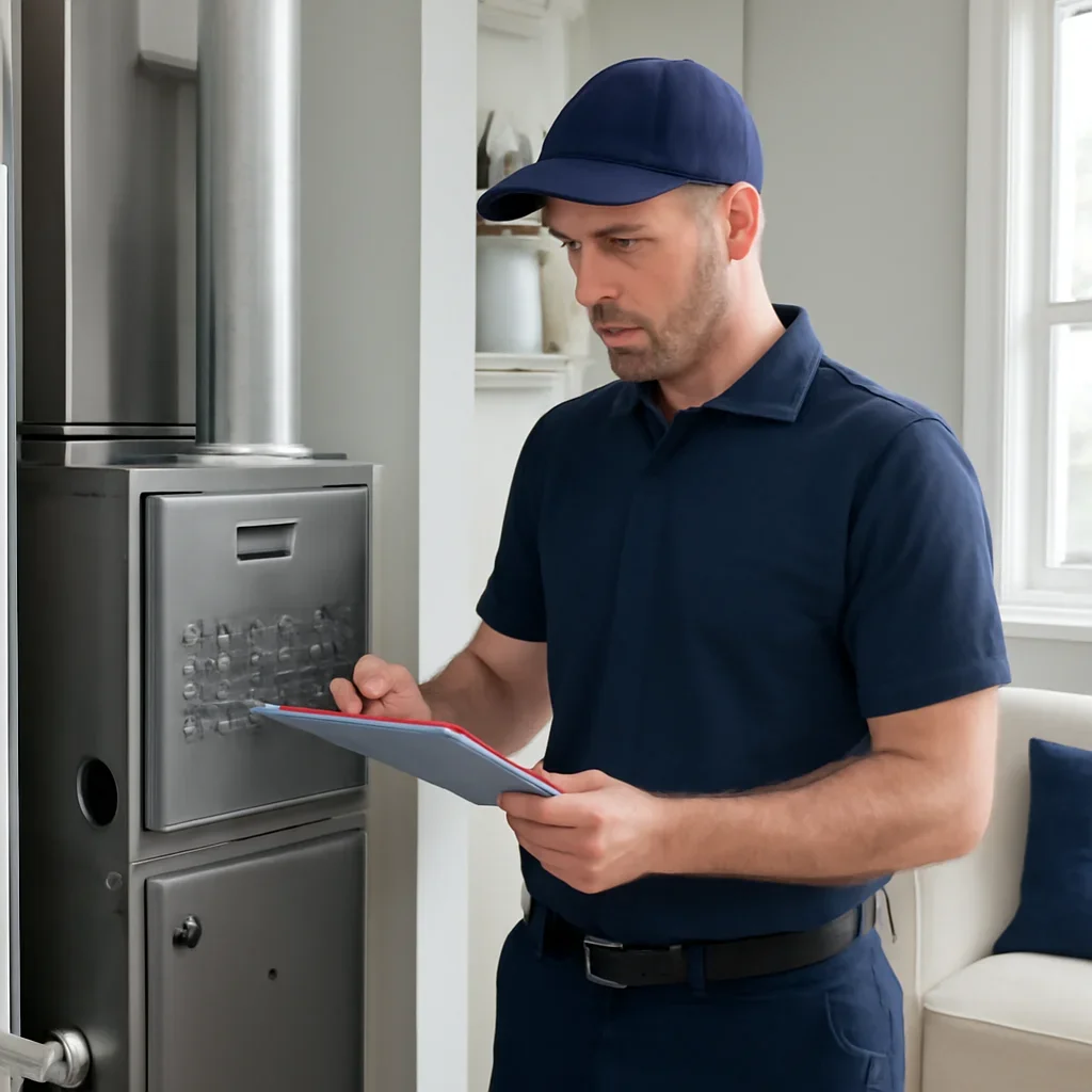 Accolade technician reviewing furnace options for a Newton property