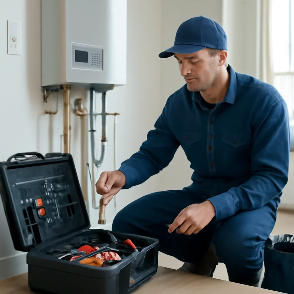 HVAC service process for case study: south surrey tankless install with organized tools and equipment