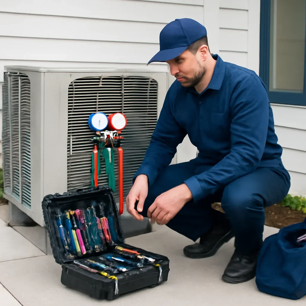 HVAC service process for case study: surrey heat pump upgrade with organized tools and equipment