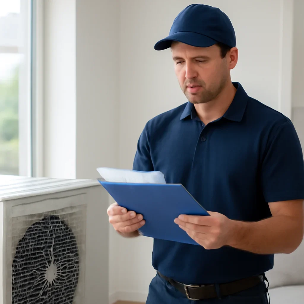 Accolade technician reviewing air conditioning options for a Surrey property
