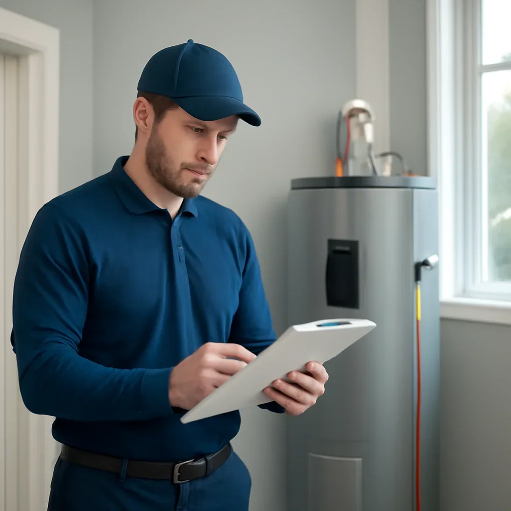 Accolade technician reviewing water heater options for a Surrey property