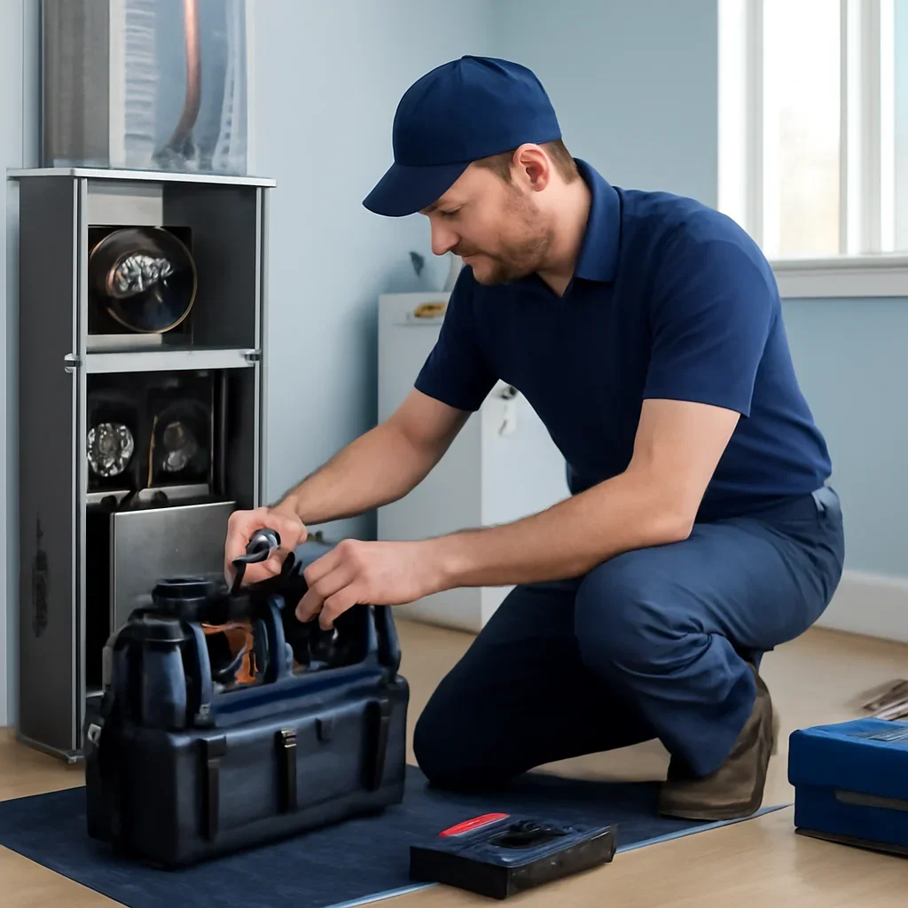 HVAC service process for repair vs replace furnace with organized tools and equipment