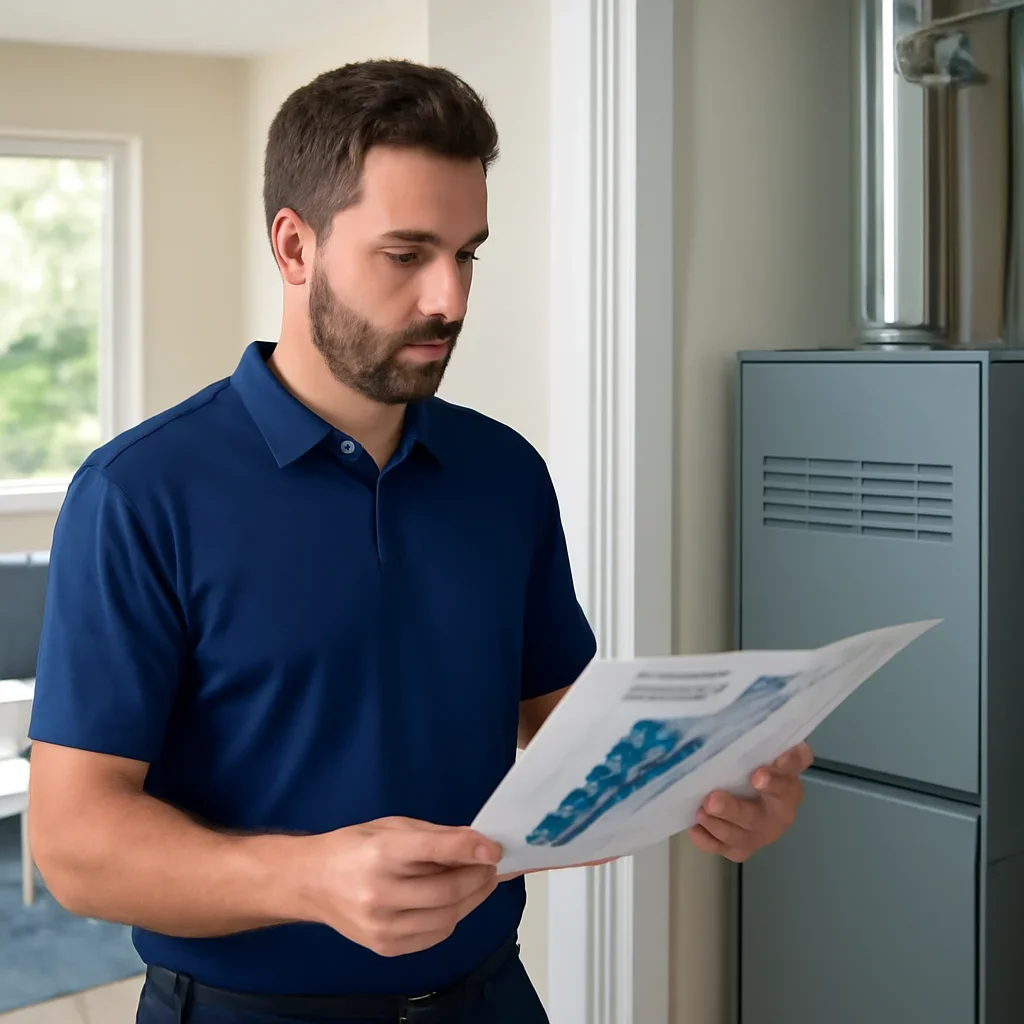 Accolade technician reviewing furnace options for a Surrey property