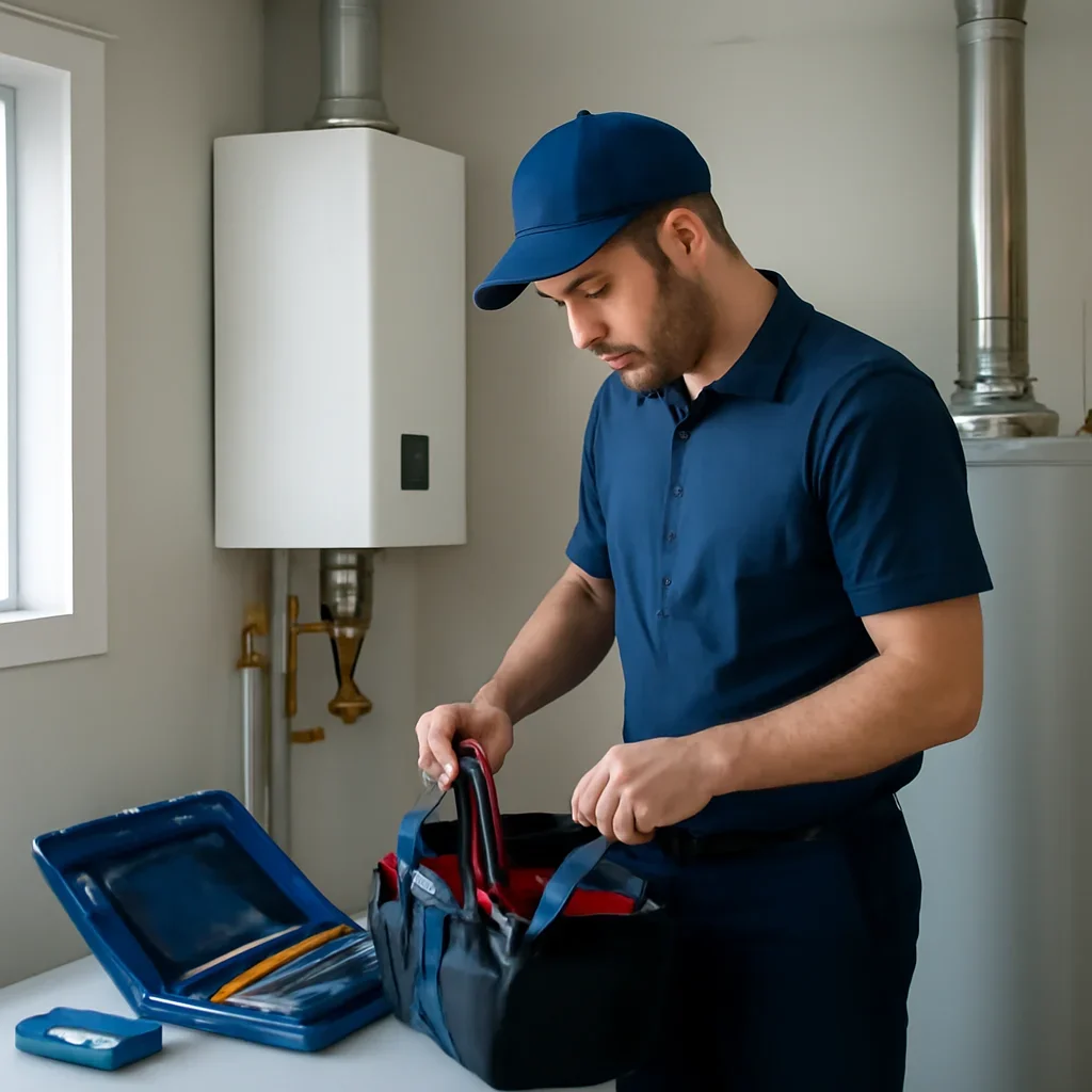 HVAC service process for tankless vs hot water tank with organized tools and equipment