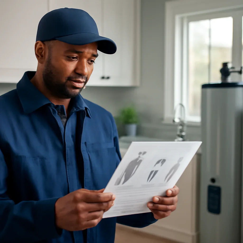 Accolade technician reviewing water heater options for a Surrey property