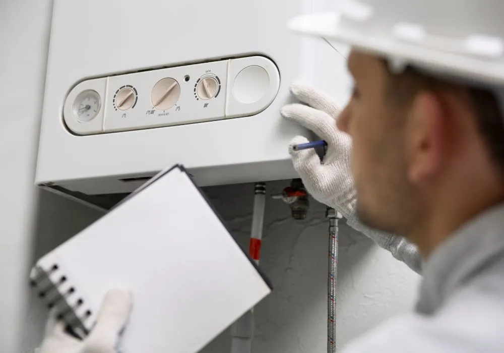 Accolade Heating technician performing furnace maintenance in Fleetwood your home