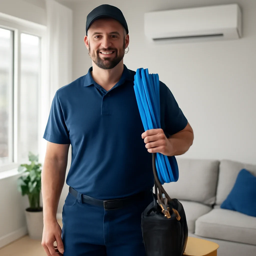 Technician preparing for a air conditioning service appointment in the Lower Mainland
