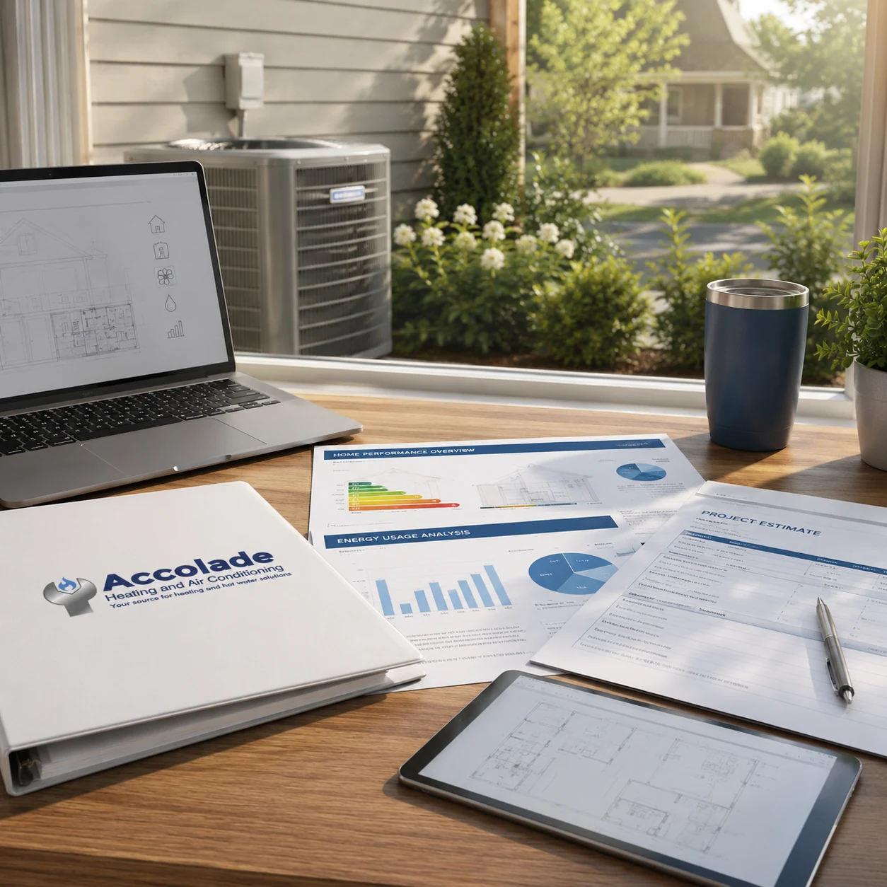 Homeowner and HVAC professional reviewing equipment options and project planning information