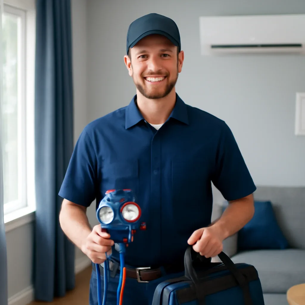 Technician preparing for a air conditioning service appointment in the Lower Mainland