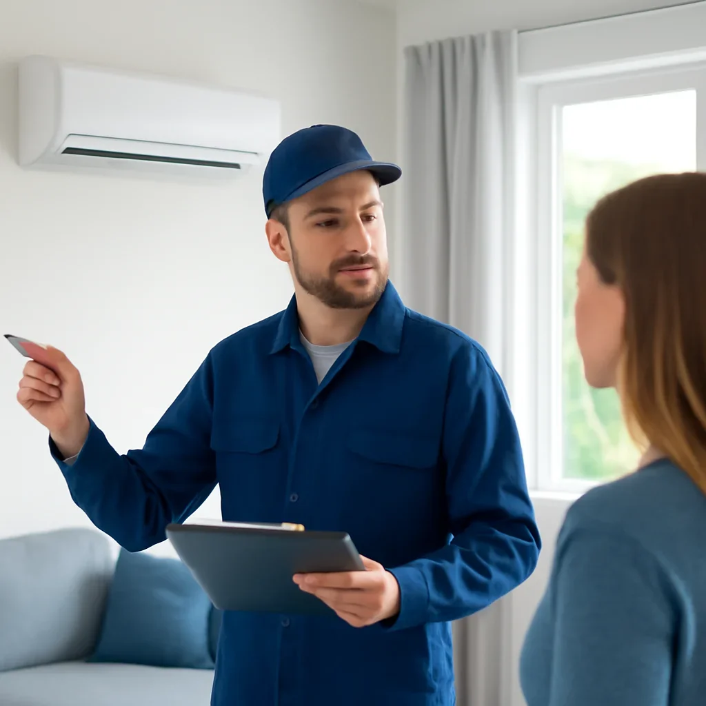 Accolade technician reviewing air conditioning options for a Surrey property