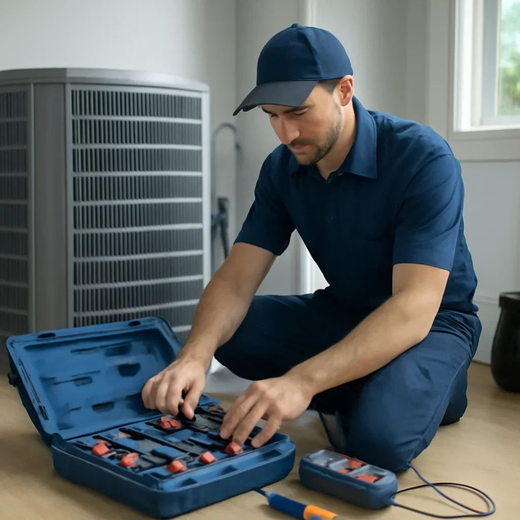 HVAC service process for manufacturer warranty service with organized tools and equipment