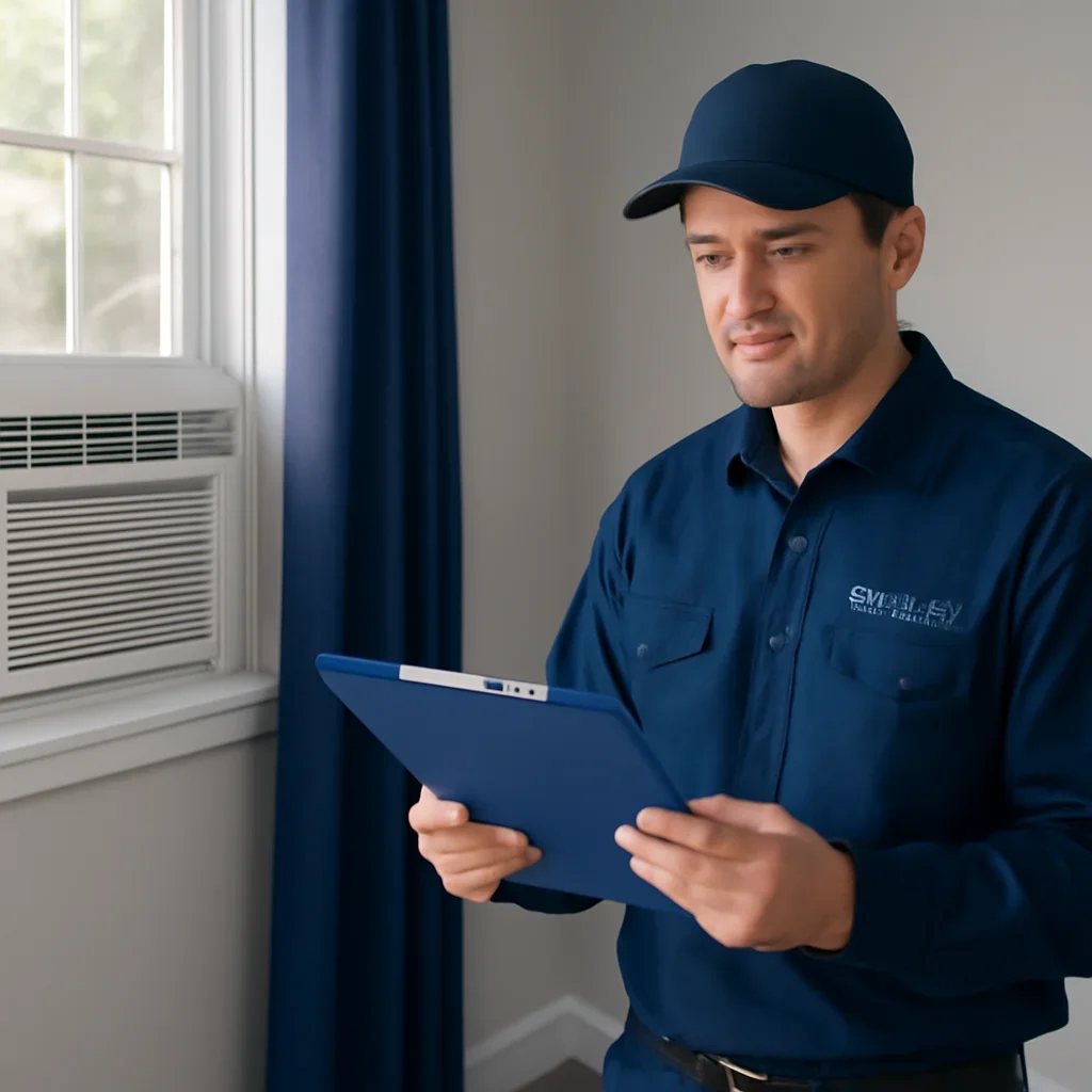 Accolade technician reviewing air conditioning options for a Surrey property