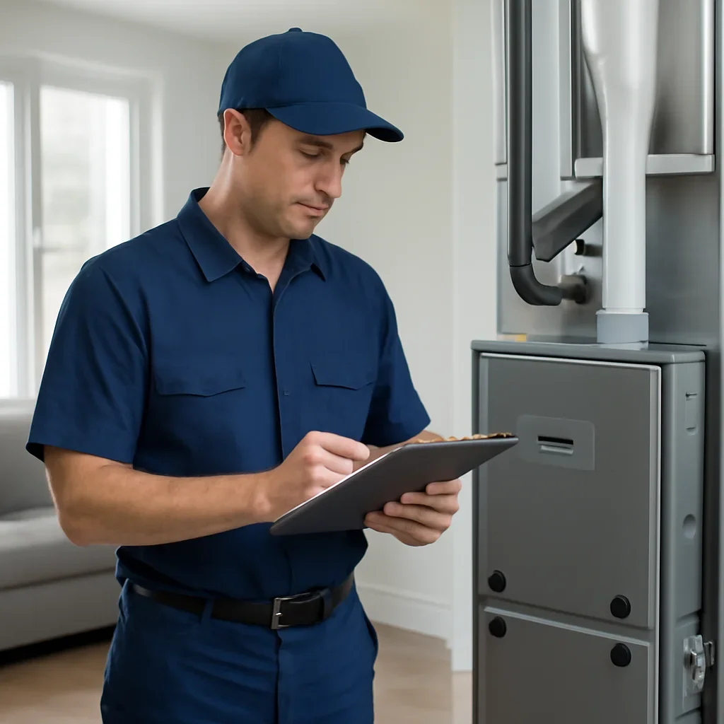 Accolade technician reviewing furnace options for a Newton property