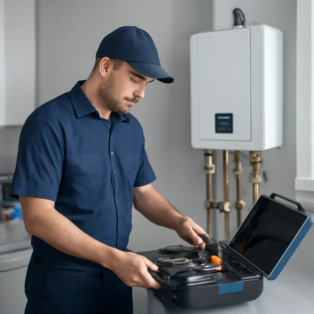 HVAC service process for newton tankless water heater with organized tools and equipment