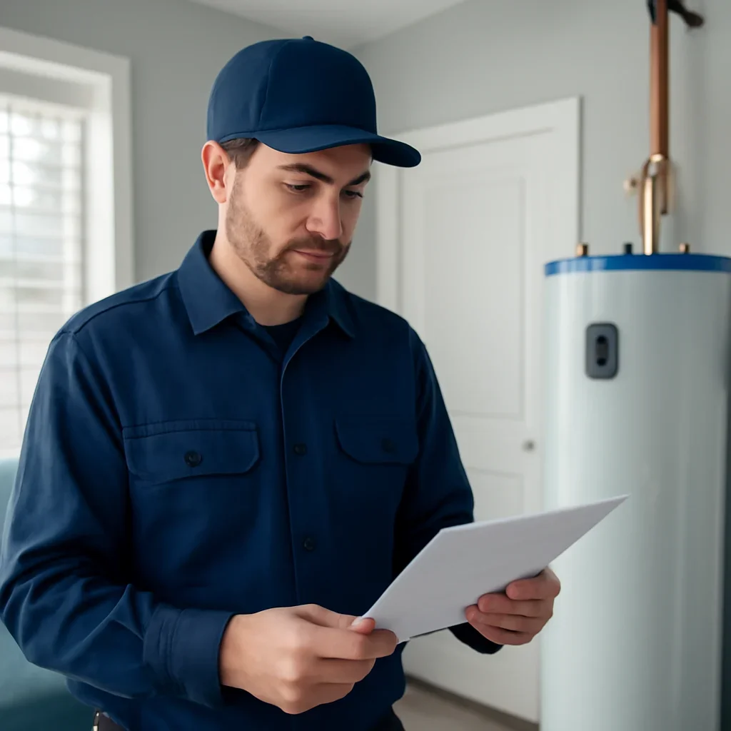 Accolade technician reviewing water heater options for a Newton property