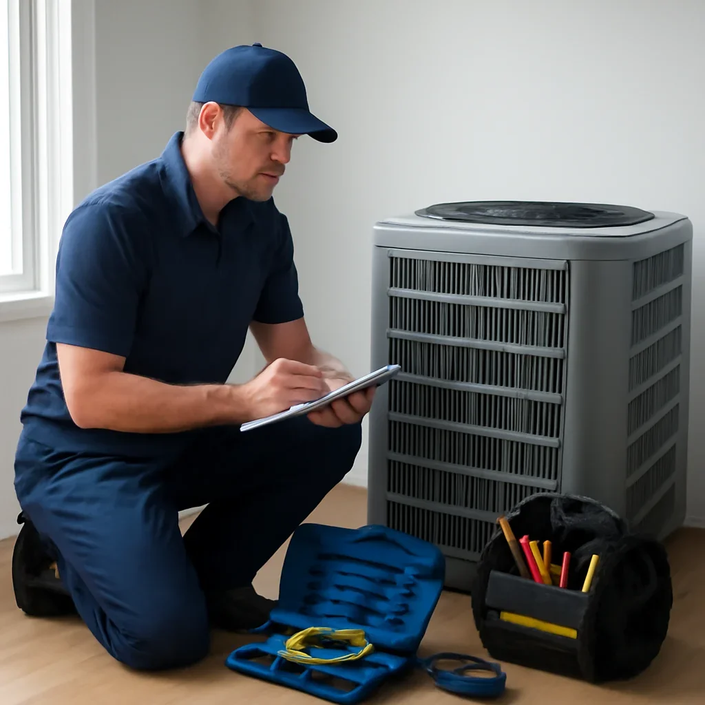 HVAC service process for offers & rebates with organized tools and equipment