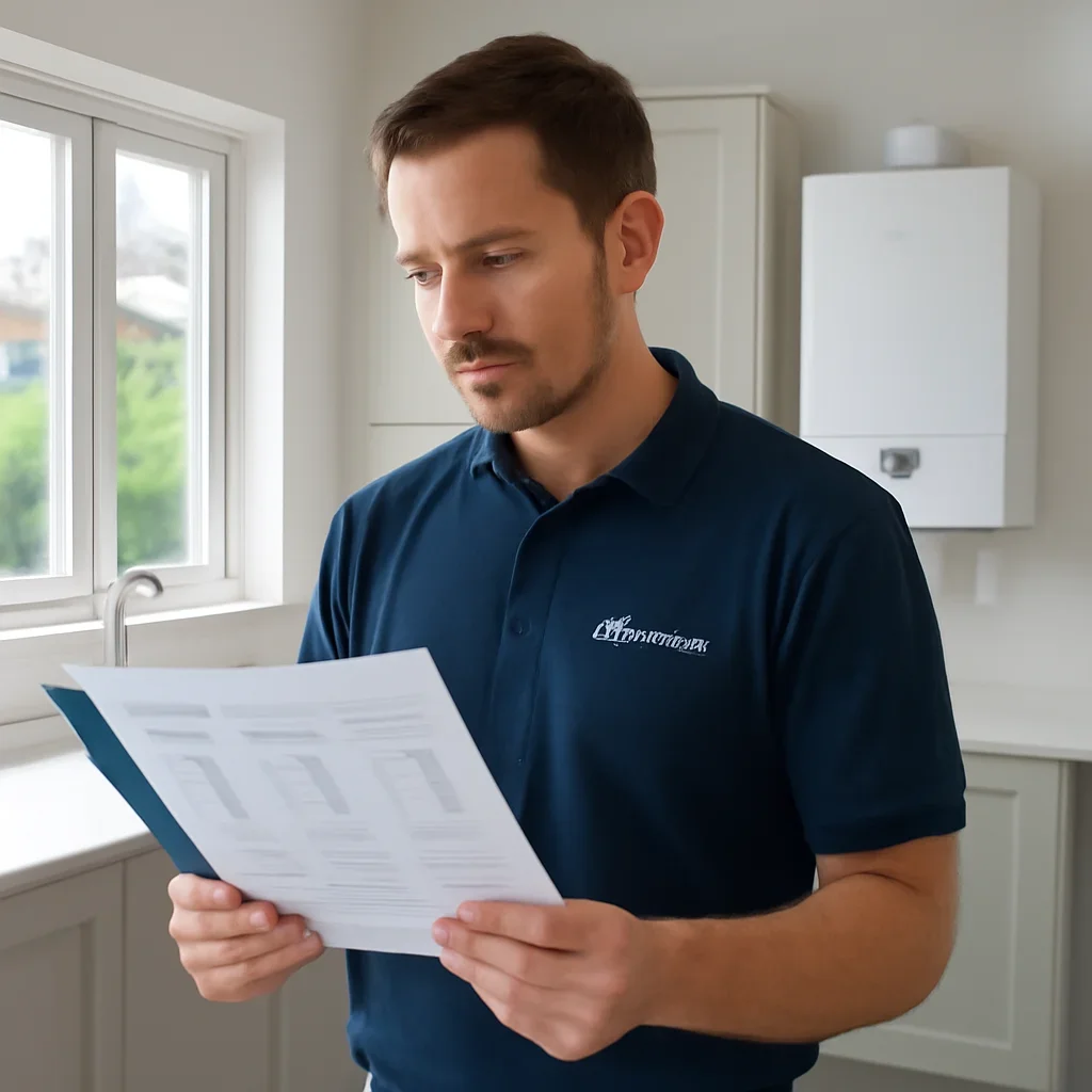 Accolade technician reviewing boiler options for a Surrey property