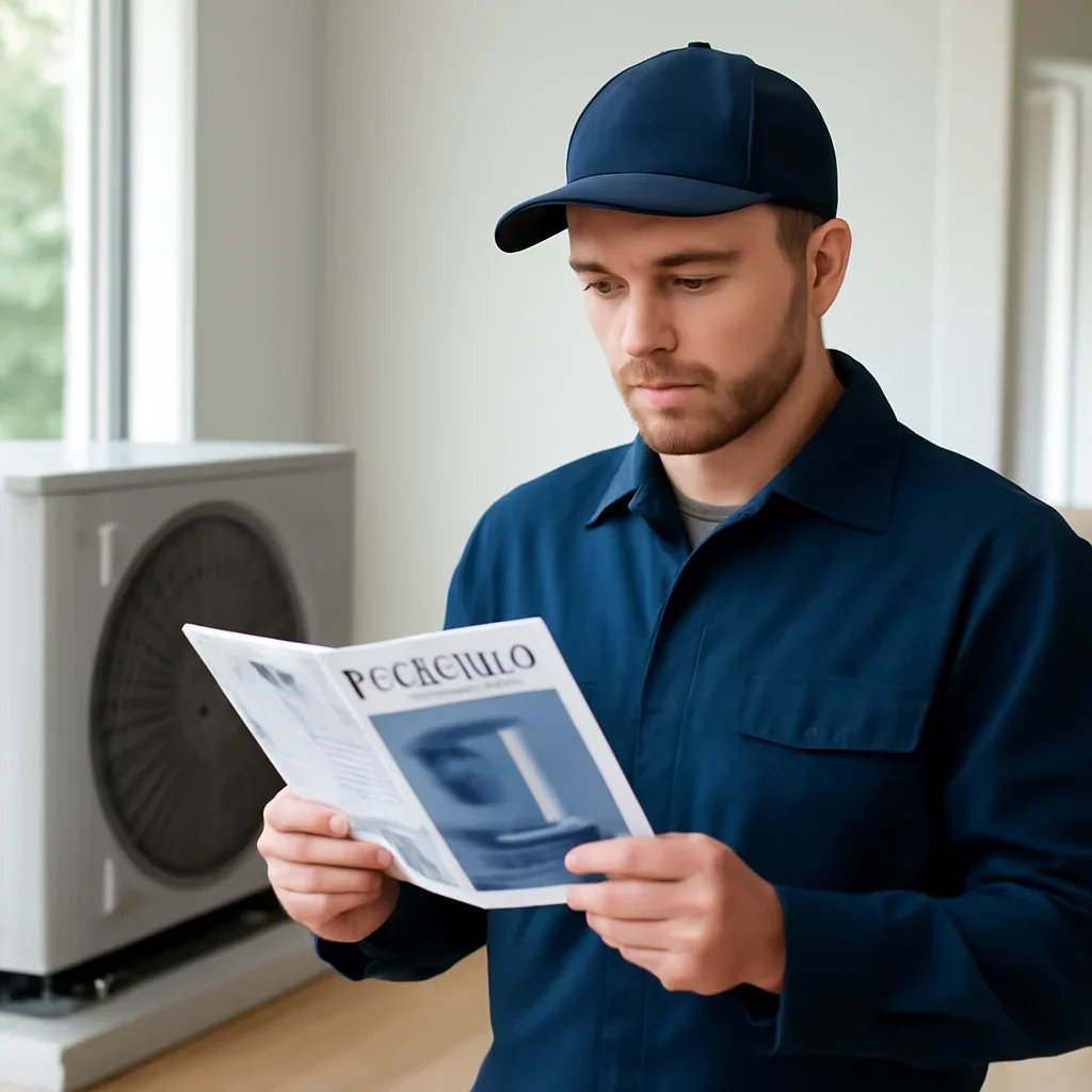 Accolade technician reviewing heat pump options for a Surrey property