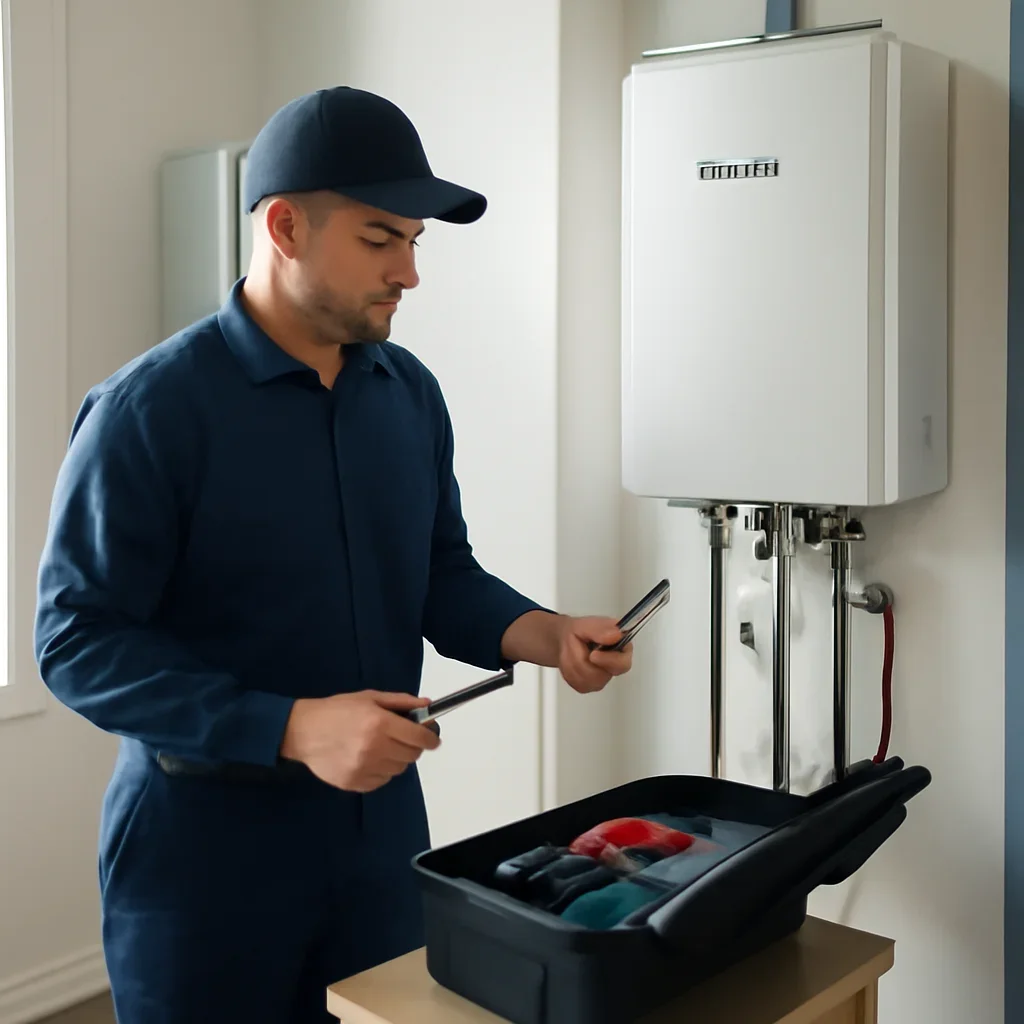 HVAC service process for rinnai with organized tools and equipment