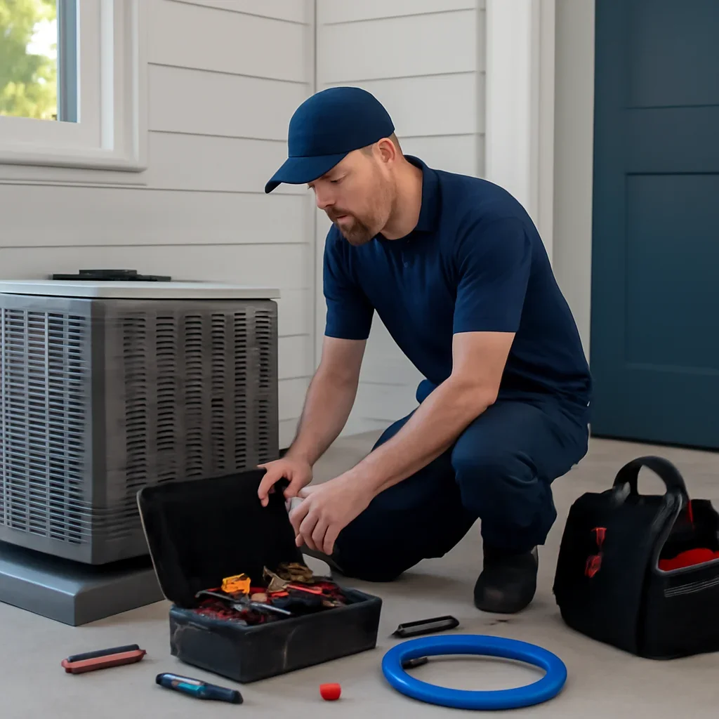 HVAC service process for ruud with organized tools and equipment