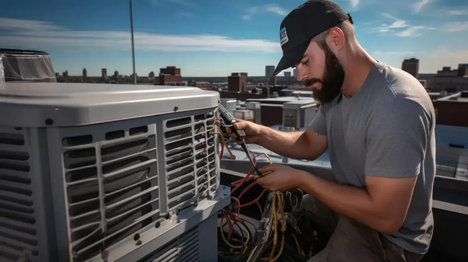 HVAC technician inspecting older Surrey home heating system