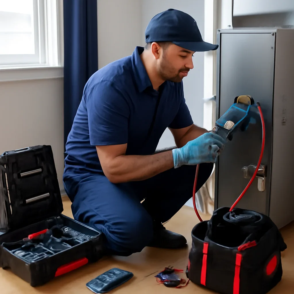 HVAC service process for superhot minigas with organized tools and equipment