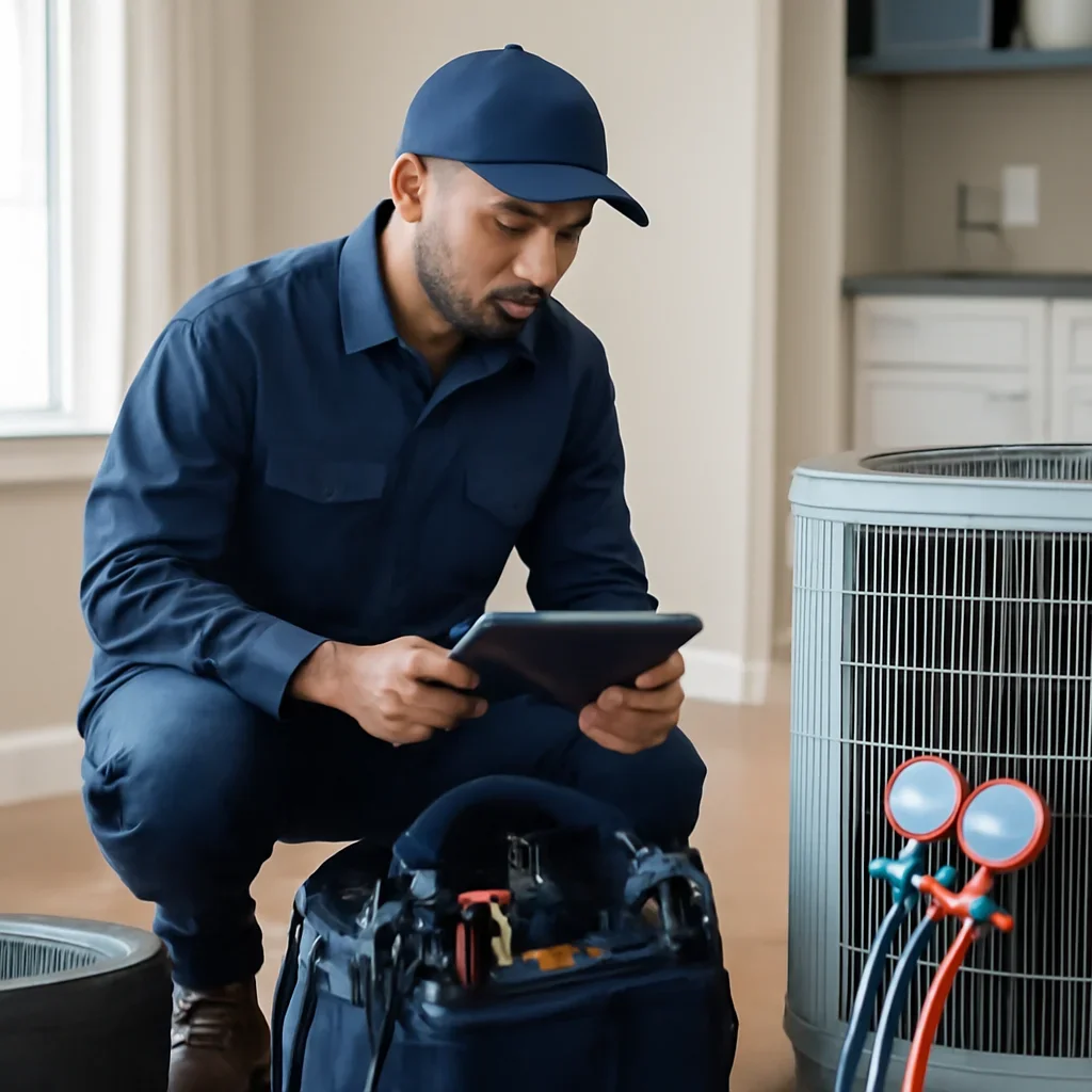 HVAC service process for support with organized tools and equipment