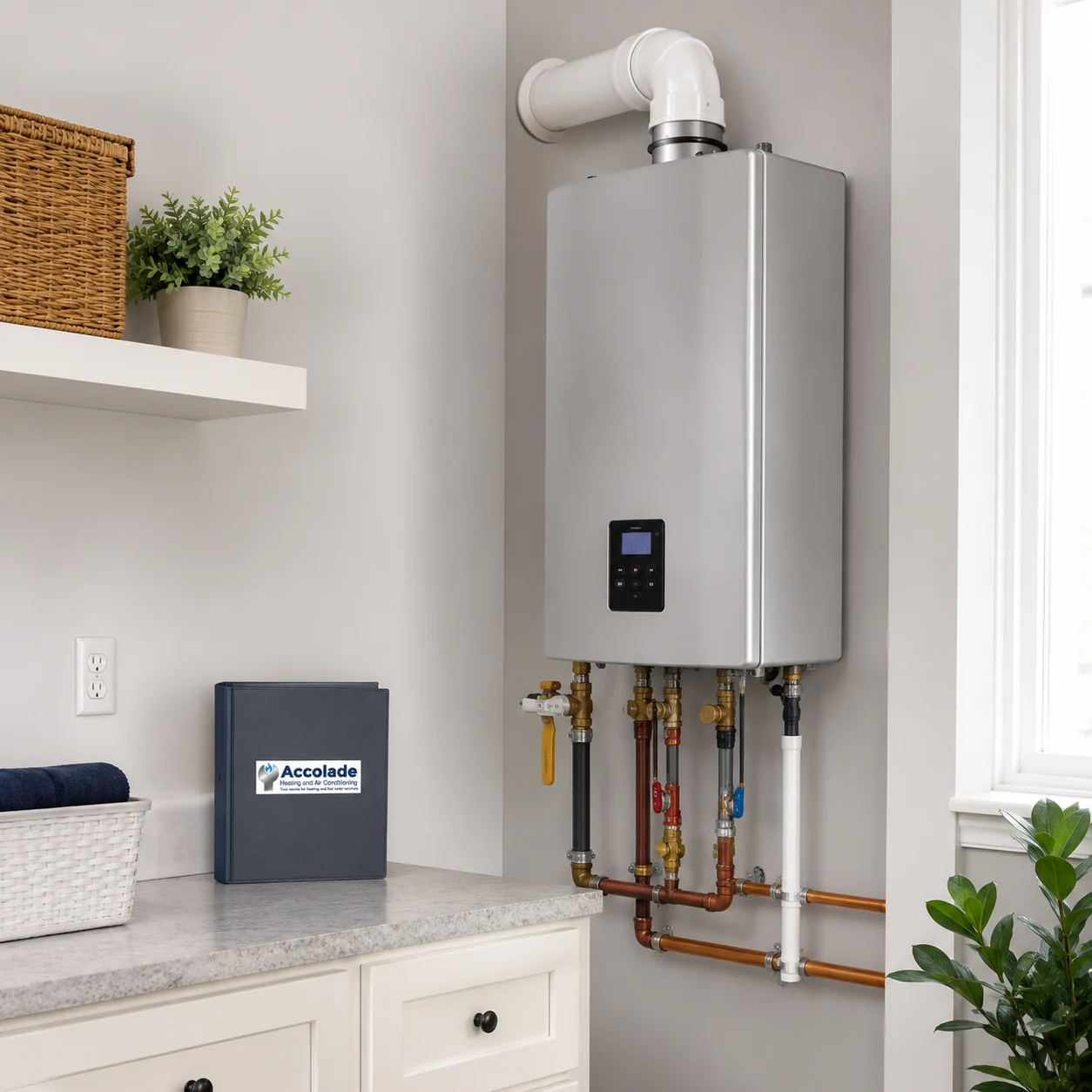 Tankless water heater installation being reviewed for a Cloverdale home
